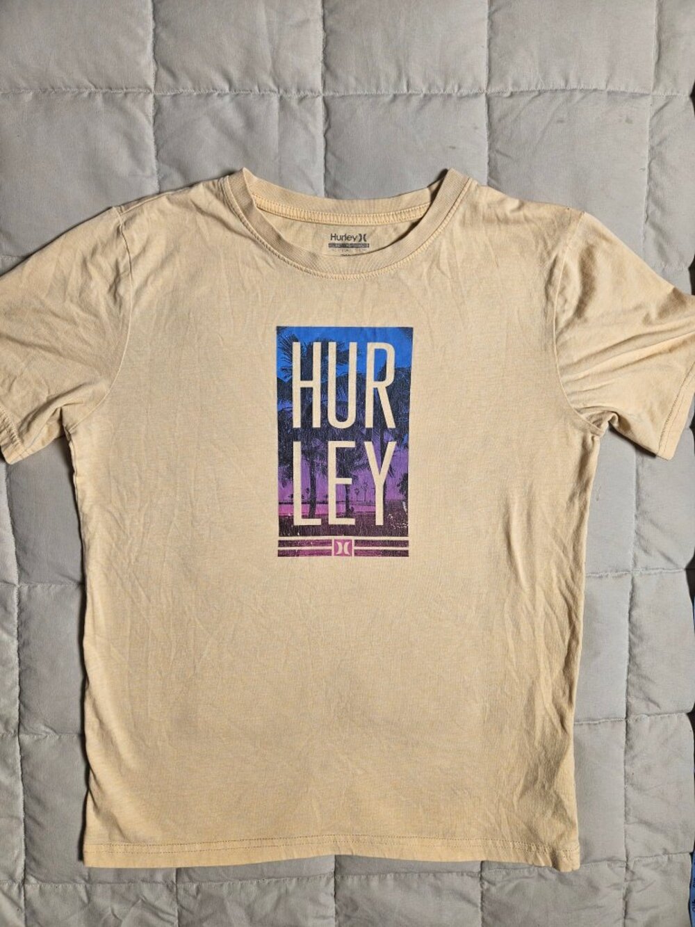 Hurley Graphic T-Shirt Mens XL Tan Palm Tree Sunset Logo Tee